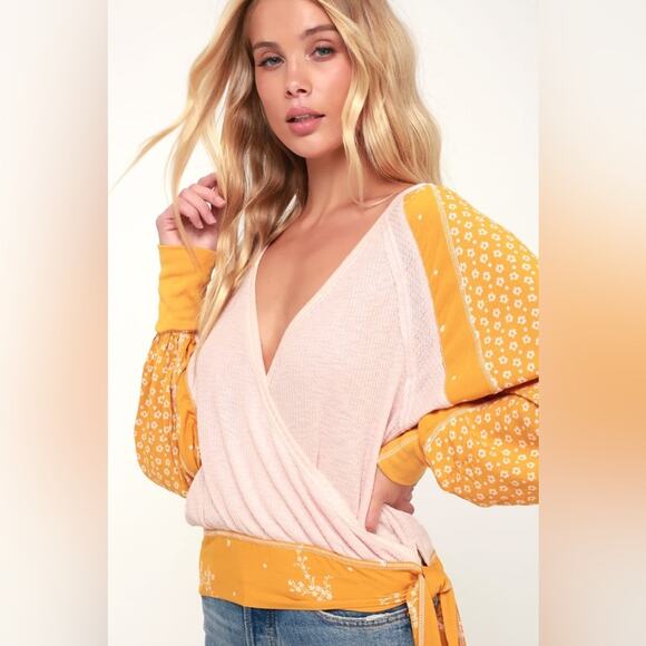 Free People Auxton Pink and Mustard Yellow Thermal Long Sleeve Wrap Top XS - Picture 2 of 11